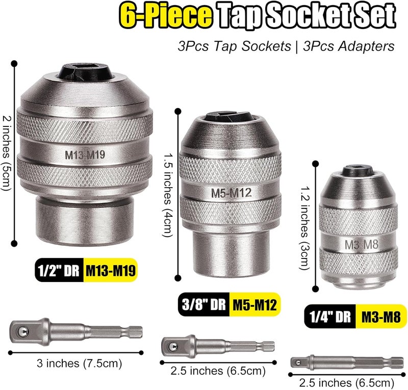 Topec Tap Sockets, 6-Piece Tap Socket Set, Extraction Tool, CR-MO Steel, Adjustable Handle with Metric M3-M19 Sockets & 1/4"-3/8"-1/2 Imperial Adapters - Image 2